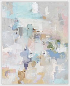 an abstract painting with pastel colors and white frame on the bottom half of it