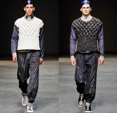 James Long 2014-2015 Fall Autumn Winter Mens Runway Looks Fashion - London Collections - Denim Jeans Treatment Mesh Pattern Panels Puffy Down Waffle Quilted Bomber Varsity Jacket Outerwear Coat Oversized Color Block Sportswear Geometric Print Patchwork Jogging Sweatpants Waffle Quilt, Embroidered Pants