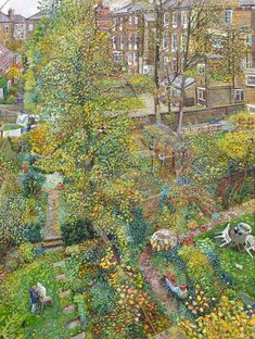 an artist's painting of a garden with trees and buildings in the background,