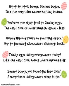 an easter poem is shown with eggs and bunnys in the background, as well as text