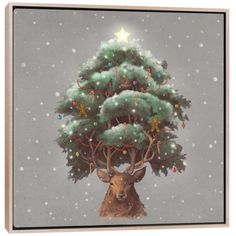 a painting of a deer under a christmas tree with lights on it's antlers