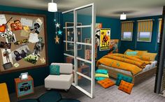 the bedroom is decorated in teal, orange and yellow colors with pictures on the wall