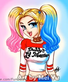 a drawing of a girl with blue and pink hair wearing a t - shirt that says daddy's lil monster