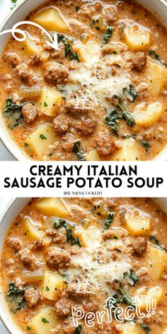 two bowls of creamy italian sausage and potato soup with the title overlay above it