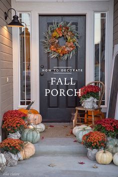 front porch decorated for fall with pumpkins and gourds