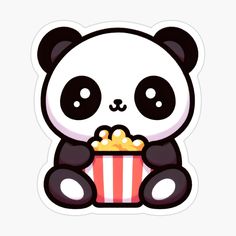 a panda bear eating popcorn while sitting on the floor stickers are also available for kids and adults alike