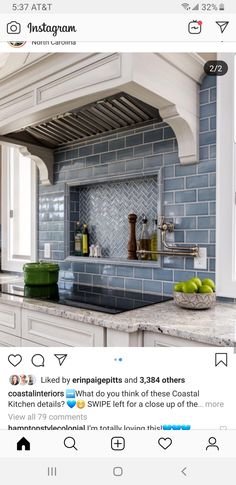 a kitchen with blue tile on the backsplash and an instagram post from instagram com