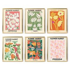 six flower market posters are shown in four different colors and sizes, each with an image of flowers on them