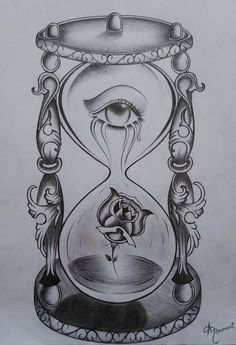 a drawing of an hourglass with a rose in the middle and eye on it