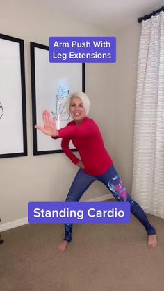 an older woman is standing in the middle of a yoga pose