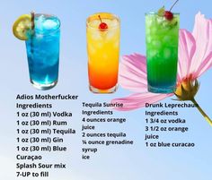 four different cocktails are shown with the names in english and spanish, along with their corresponding ingredients