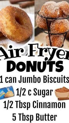 an advertisement for air fryer doughnuts with cinnamon and sugar on it, including two