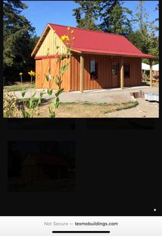 a small wooden building with a red roof