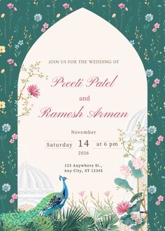 a wedding card with a peacock and flowers in the background, on a green background