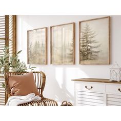 three framed pictures hang on the wall above a wicker chair in front of a white dresser