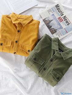 OrcaJump - Mens Retro Double Pocket Overshirt - Casual Daily Street Fall Shirt Casual Yellow Tops With Pockets, Casual Yellow Top With Pockets, Cargo Shirts For Men, Double Pocket Shirt, Mens Work Shirts, Cargo Shirts, Fall Shirt, Pocket Shirt, Green Man