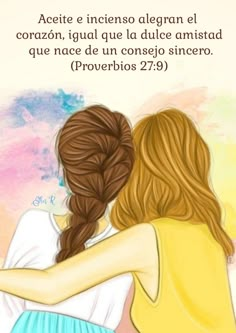 two girls hugging each other with the words in spanish