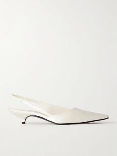 LOULOU STUDIO's 'Sulue' slingback pumps are perfect for party season. Crafted from ivory satin using certified processes, they have asymmetric cutouts at the sides and rest on chic 40mm kitten heels.<br><br>This product was created using Considered Materials. Find out more about NET SUSTAIN <a href="https://www.net-a-porter.com/en-gb/campaigns/net-sustain">here.</a> White Satin Shoes, Wedding Shoes Low Heel Comfortable, White Slingback Heels, White Kitten Heels, Kitten Heels Outfit, Build Wardrobe, Block Heels Wedding, Event Attire, Frozen Blue