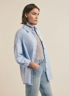 With a relaxed fit and pointed collar, the Ex-Boyfriend Shirt is an oversized button up, cut from a cotton satin with signature embroidery on the sleeve cuff. Our favorite way to wear this Powder Blue shirt is, actually, any way–tied, tucked, half-tucked, and unbuttoned.100% Cotton Bambi is 5'8" wearing small. Oversized Light Blue Shirt For Work, Light Blue Tops With Button Cuffs And Spread Collar, Light Blue Tops With Button Cuffs For Daywear, Oversized Light Blue Collared Shirt, Light Blue Shirt With Spread Collar, Oversized Light Wash Top For Work, Light Blue Button-up Shirt For Fall, Light Blue Relaxed Fit Shirt For Fall, Boyfriend Shirt