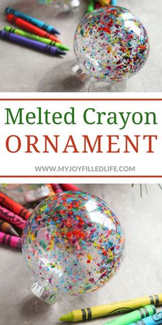 melted crayon ornament with colorful sprinkles on it and text overlay that reads melted crayon ornament