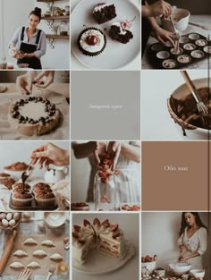 a collage of photos with people decorating cakes and pies on plates, holding utensils