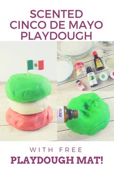 three play doughs stacked on top of each other with the words, scented cinco de mayo playdough