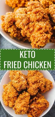 two plates with fried chicken on them and the words keto fried chicken above it