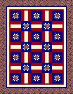 a red, white and blue quilt with stars in the center on top of it