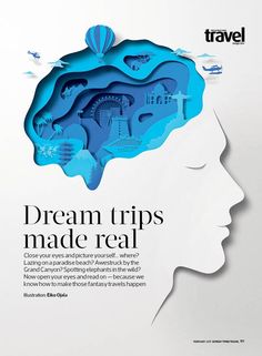 the cover of travel magazine dream trips made real, with an image of a man's head