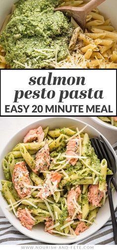 salmon pesto pasta in a white bowl with green pesto sauce