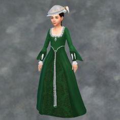 a woman in a green dress and white hat