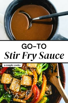 stir fry sauce in a bowl with broccoli and tofu on the side