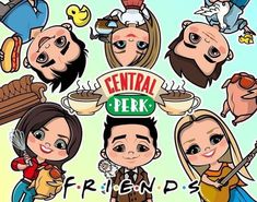 several cartoon characters are grouped together to form the word'central perk friends '