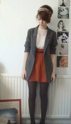 work/business casual How To Wear Belts, How To Wear Blazers, Camel Blazer, Winter Tights, Stylish Blazer, Orange Skirt, Blazer Mid, Blazer Outfits