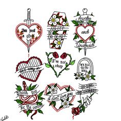 some tattoos with hearts and flowers on them are drawn in different colors, shapes and sizes