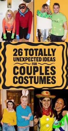 people are dressed up in costumes and posing for pictures with the caption, 26 totally unexpected ideas for couples costumes