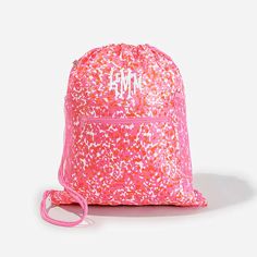 This precious and fun monogrammed cinch backpack is perfect for after school, a trip to the pool, or overnight at grandparents house! This functional backpack is designed to keep your child's essentials organized and easily accessible. Made of lightweight materials, this kids bag is both durable and cute, making it easy for your child to carry around all day. Made of a Poly Twill and Mesh.Measures approximately 16.5 inches tall, 14 inches wideFeatures two mesh side pockets, front zipper pocket, Pink Backpack Gym Bag For School, Casual Pink Gym Bag For School, Pink Nylon Gym Bag For School, Back To School Gym Bag, Back To School Drawstring Backpack For School, Monogram Kids, Grandparents House, Rose Gold Gifts, Functional Backpack