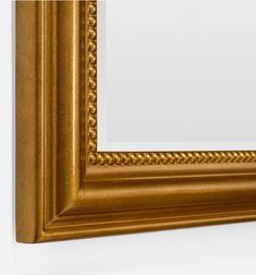 a gold framed mirror hanging on the wall above it's head and bottom edge