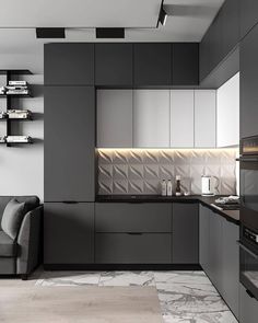 a kitchen with grey cabinets and marble flooring