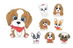 a set of cute little dogs with different facial expressions and their collars are drawn in cartoon style