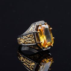 Citrine stone placed in gold color plated 925 sterling silver ring. It is a 100% handmade ring and need up to 7 days to produce. Stone Type: Citrine Stone Dimensions: 18 x 13 mm Average Weight: 23 gr. Material: 925 Sterling Silver (oxidized & engraved)  Shipping via DHL Express by The Grand Bazaar Istanbul. Delivery Takes 1-3 days to any worldwide location. Shipping is free of charge. FOR MORE HANDMADE JEWELRY VISIT: https://www.etsy.com/shop/GrandBazaarExclusive Yellow Signet Ring With Polished Finish For Formal Occasions, Luxury Yellow Hallmarked Rings, Luxury Yellow Sapphire Gemstone Ring, Luxury Citrine Rings For Anniversary, Luxury Polished Topaz Ring For Gift, Classic Citrine Signet Ring For Anniversary, Luxury Gold Topaz Ring With Polished Finish, Polished Yellow Topaz Ring, Luxury Yellow 14k Gold Ring