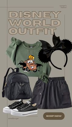 an advertisement for the disney world outfit shop featuring black and white shoes, a green shirt with