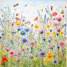 a painting of colorful flowers and butterflies in a field with blue sky behind it,