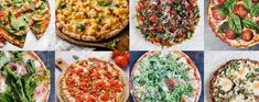 several different types of pizzas with various toppings on them, including tomatoes and spinach