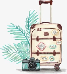 a watercolor painting of a suitcase with stickers on it and a camera next to it