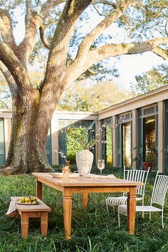 a table and chairs sitting in the grass near a tree with two vases on it