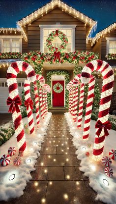 a house decorated for christmas with candy canes and lights