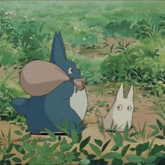 two cartoon characters standing in the grass with one looking at another character's face