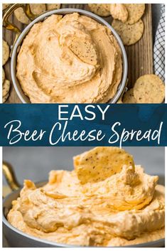 easy beer cheese spread in a bowl with crackers on the side and an image of dip