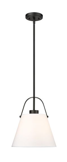 a light fixture with a white glass shade on the bottom and black metal frame around it